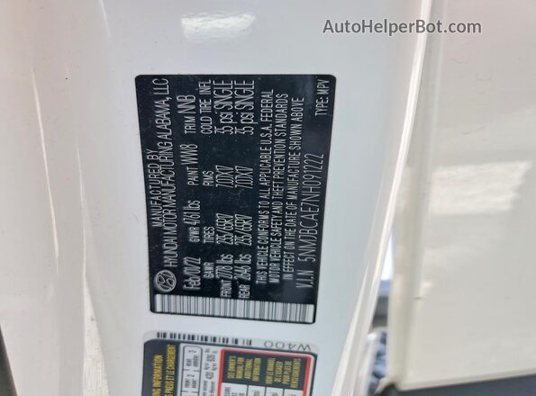 5NMJBCAE7NH091222 2022 HYUNDAI TUCSON White VIN կոդի պիտակի տեսք