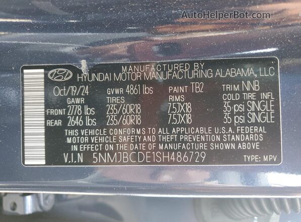 5NMJBCDE1SH486729 2025 HYUNDAI TUCSON Blue Widok naklejki z numerem VIN