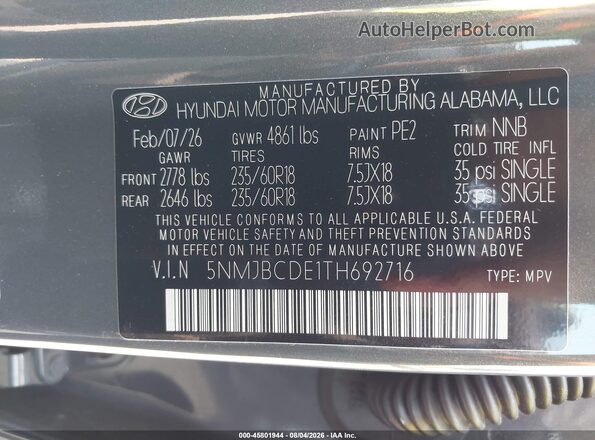 5NMJBCDE1TH692716 2026 HYUNDAI TUCSON Gray Vista del compartimento del motor
