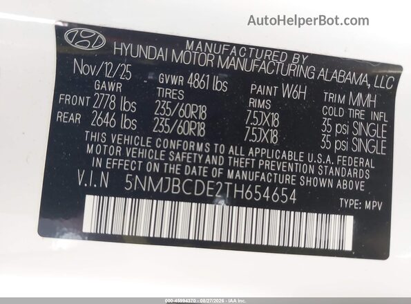 5NMJBCDE2TH654654 2026 HYUNDAI TUCSON White Vista del compartimento del motor