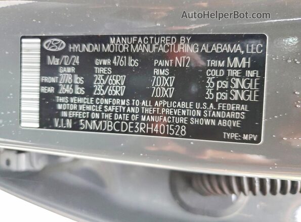 5NMJBCDE3RH401528 2024 HYUNDAI TUCSON Gray Вид наклейки з VIN-кодом