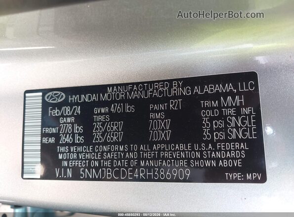 5NMJBCDE4RH386909 2024 HYUNDAI TUCSON Серебряный Вид подкапотного пространства