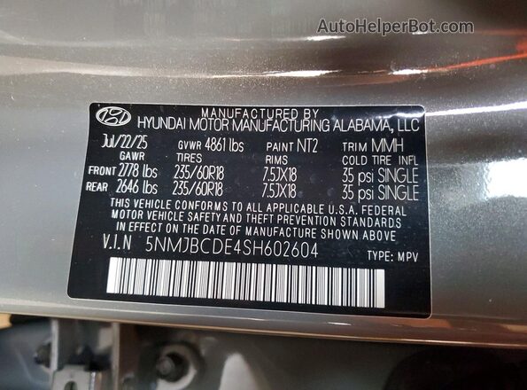 5NMJBCDE4SH602604 2025 HYUNDAI TUCSON Gray VIN կոդի պիտակի տեսք