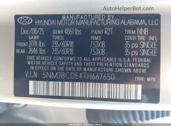 5NMJBCDE4TH667650 2026 HYUNDAI TUCSON Silver Vista del compartimento del motor