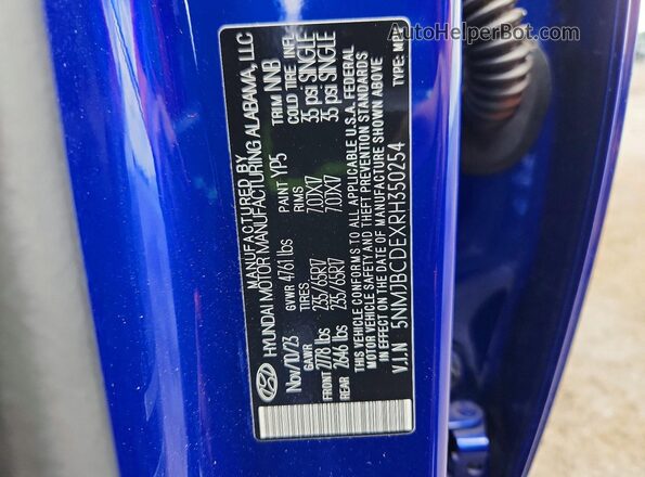 5NMJBCDEXRH350254 2024 HYUNDAI TUCSON Blue Vista de la etiqueta del VIN