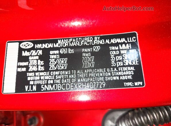 5NMJBCDEXRH407729 2024 HYUNDAI TUCSON Red VIN sticker view