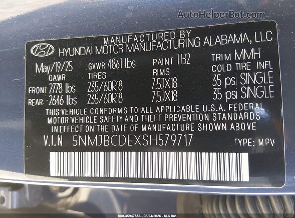 5NMJBCDEXSH579717 2025 HYUNDAI TUCSON Синий Вид подкапотного пространства