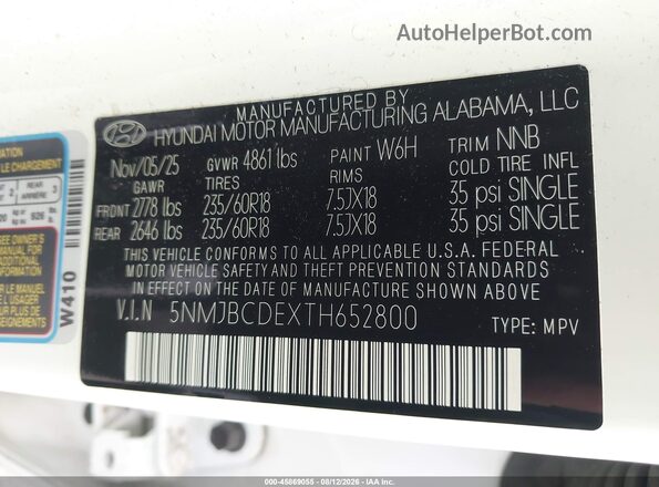 5NMJBCDEXTH652800 2026 HYUNDAI TUCSON Белый Вид подкапотного пространства