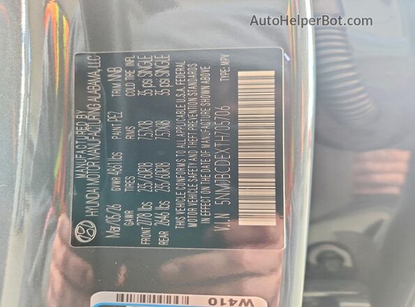 5NMJBCDEXTH705706 2026 HYUNDAI TUCSON Gray Widok naklejki z numerem VIN