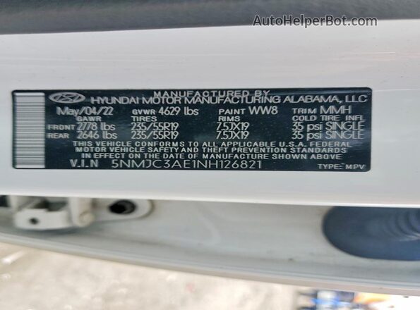 5NMJC3AE1NH126821 2022 HYUNDAI TUCSON White Widok naklejki z numerem VIN