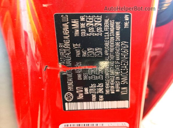 5NMJC3AE2NH067679 2022 HYUNDAI TUCSON Red VIN կոդի պիտակի տեսք