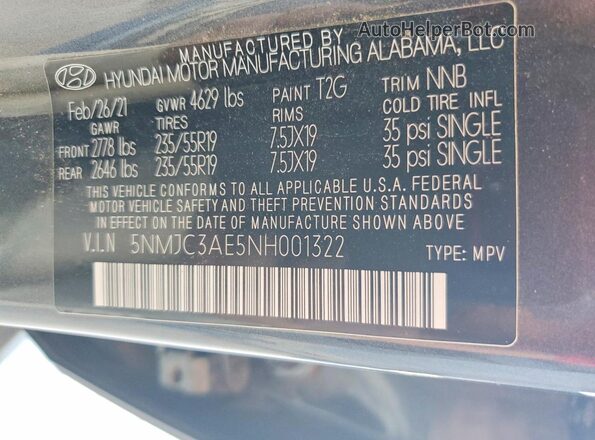 5NMJC3AE5NH001322 2022 HYUNDAI TUCSON Charcoal VIN კოდის სტიკერის ხედი