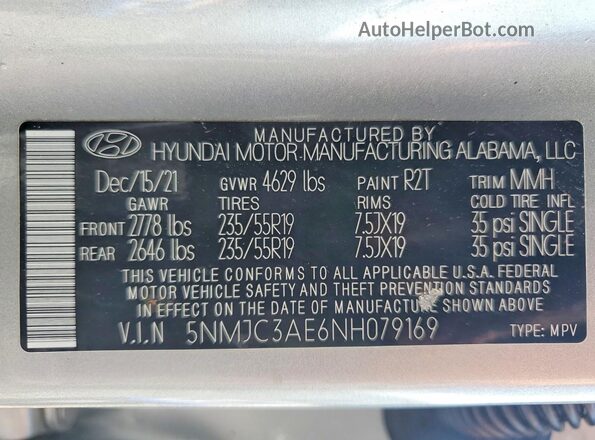 5NMJC3AE6NH079169 2022 HYUNDAI TUCSON Gray Vista interior de 360 grados
