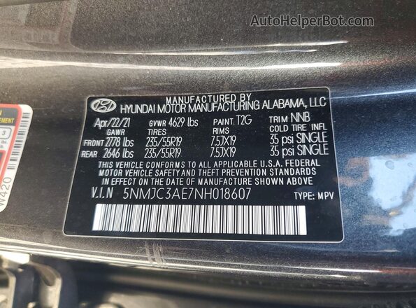 5NMJC3AE7NH018607 2022 HYUNDAI TUCSON Серый Вид наклейки с VIN-кодом