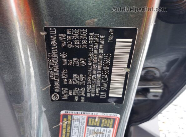 5NMJC3AE8NH026635 2022 HYUNDAI TUCSON Gray VIN sticker view