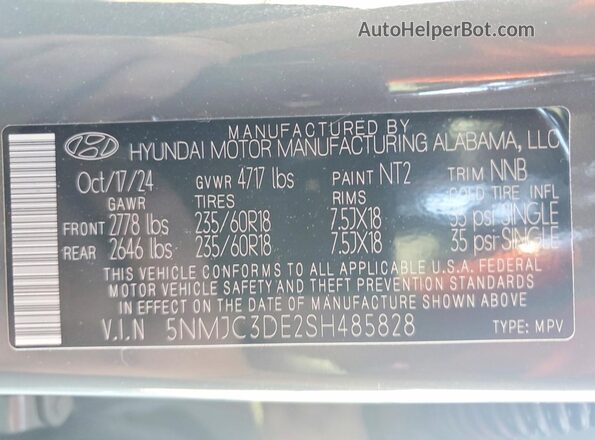 5NMJC3DE2SH485828 2025 HYUNDAI TUCSON Серый Вид наклейки с VIN-кодом