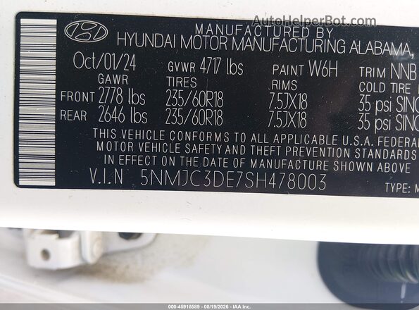 5NMJC3DE7SH478003 2025 HYUNDAI TUCSON White Vista del compartimento del motor