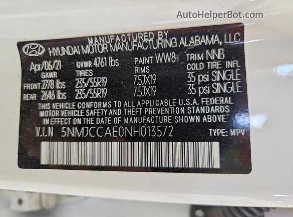 5NMJCCAE0NH013572 2022 HYUNDAI TUCSON White სალონის 360-გრადუსიანი ხედი