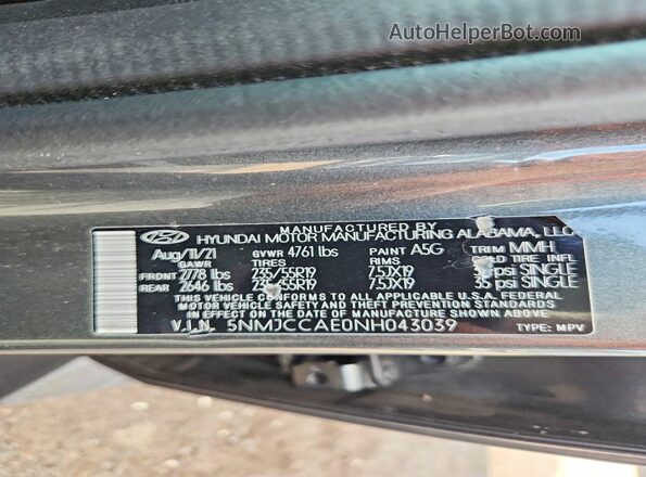5NMJCCAE0NH043039 2022 HYUNDAI TUCSON Gray Vista de la etiqueta del VIN