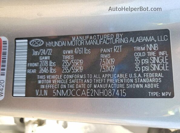 5NMJCCAE2NH087415 2022 HYUNDAI TUCSON Серый Вид наклейки с VIN-кодом
