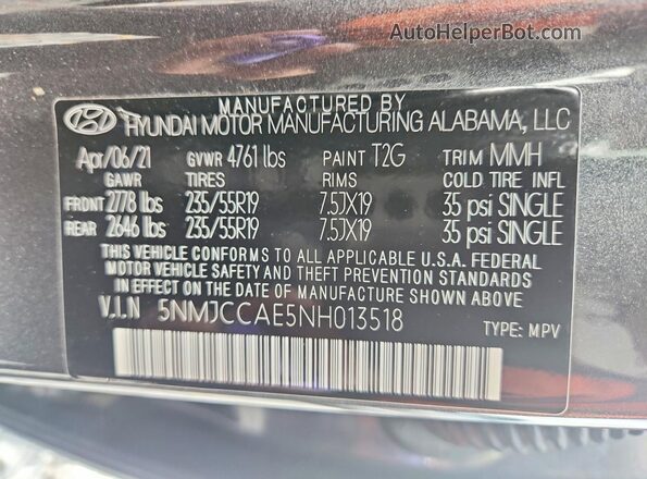 5NMJCCAE5NH013518 2022 HYUNDAI TUCSON Gray Widok naklejki z numerem VIN