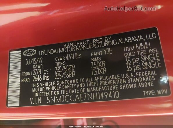 5NMJCCAE7NH149410 2022 HYUNDAI TUCSON Red Vista del compartimento del motor