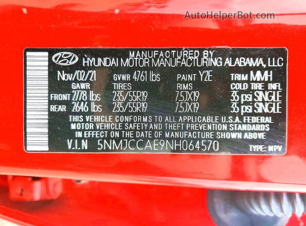 5NMJCCAE9NH064570 2022 HYUNDAI TUCSON Red VIN sticker view