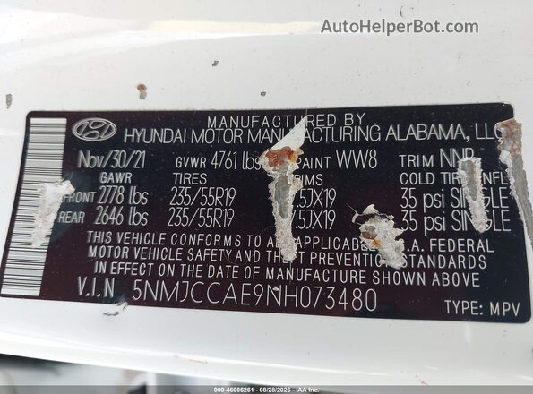 5NMJCCAE9NH073480 2022 HYUNDAI TUCSON White Շարժիչի բաժամունքի տեսք