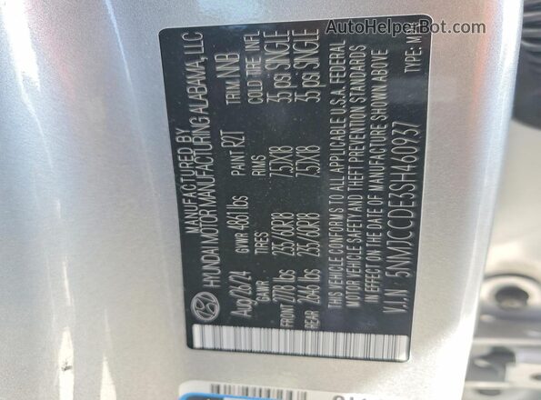 5NMJCCDE3SH460937 2025 HYUNDAI TUCSON Silver Widok naklejki z numerem VIN