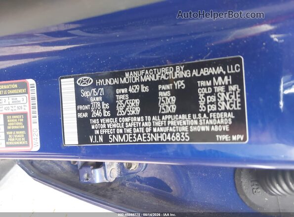 5NMJE3AE3NH046835 2022 HYUNDAI TUCSON Blue Vista del compartimento del motor