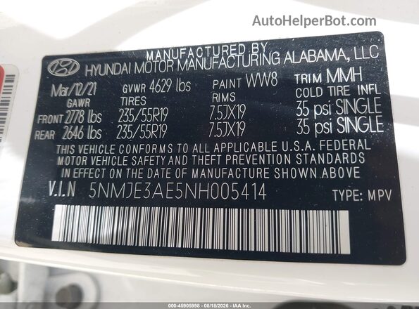 5NMJE3AE5NH005414 2022 HYUNDAI TUCSON White ძრავის განყოფილების ხედი