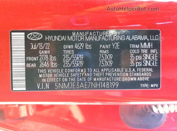 5NMJE3AE7NH148199 2022 HYUNDAI TUCSON Красный Вид наклейки с VIN-кодом