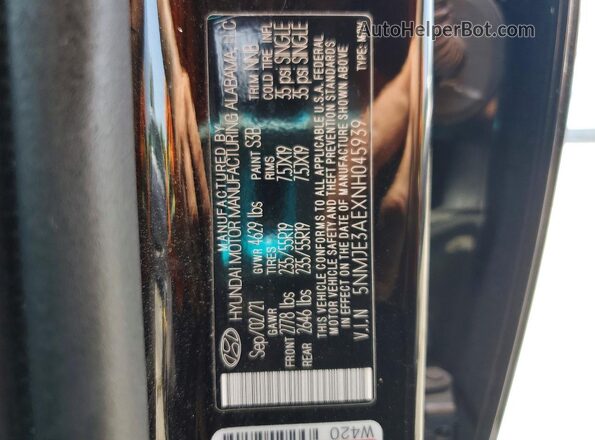 5NMJE3AEXNH045939 2022 HYUNDAI TUCSON Черный Вид наклейки с VIN-кодом