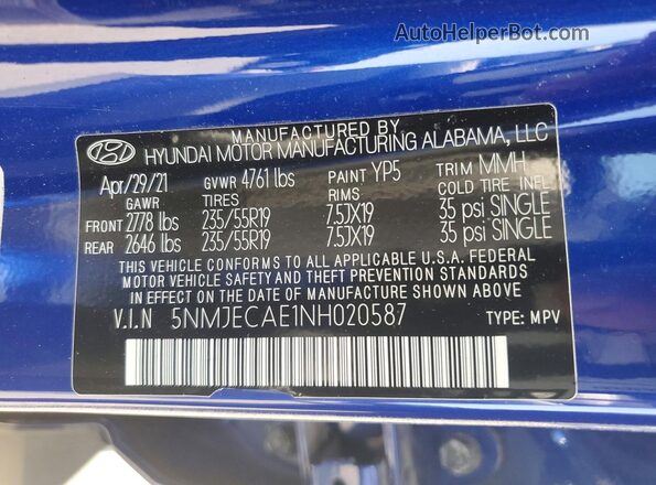 5NMJECAE1NH020587 2022 HYUNDAI TUCSON Blue Widok naklejki z numerem VIN