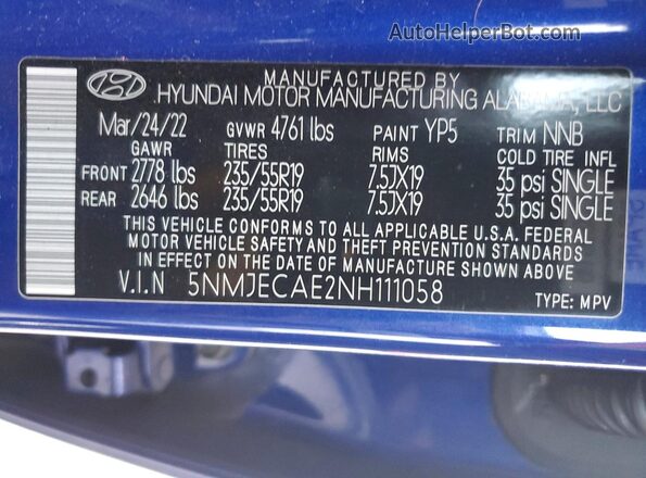 5NMJECAE2NH111058 2022 HYUNDAI TUCSON Blue Widok wnętrza 360 stopni