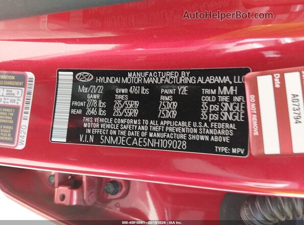 5NMJECAE5NH109028 2022 HYUNDAI TUCSON Red Vista del compartimento del motor