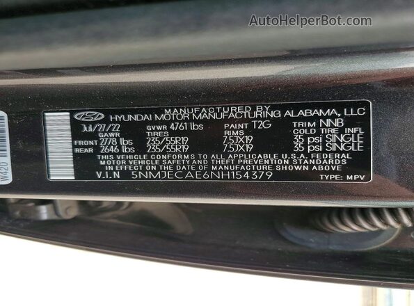 5NMJECAE6NH154379 2022 HYUNDAI TUCSON Gray Widok naklejki z numerem VIN