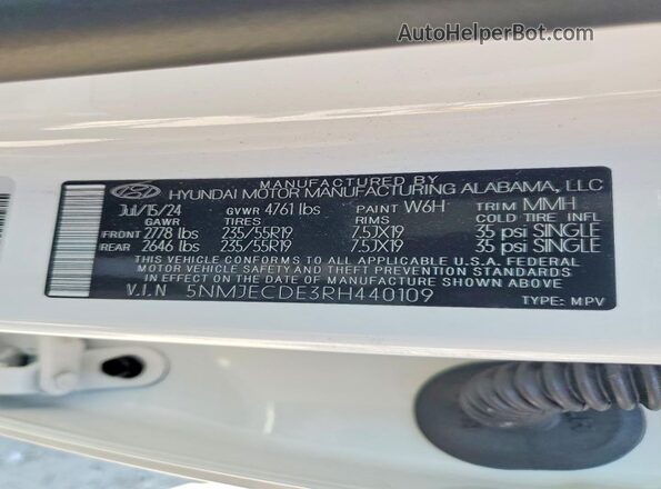 5NMJECDE3RH440109 2024 HYUNDAI TUCSON White Widok naklejki z numerem VIN
