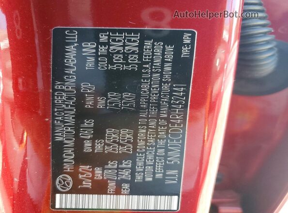 5NMJECDE4RH432441 2024 HYUNDAI TUCSON Red Widok wnętrza 360 stopni