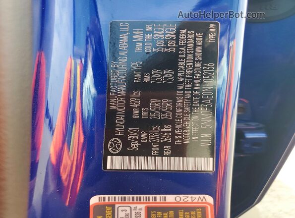 5NMJF3AE0NH052136 2022 HYUNDAI TUCSON Blue Панорамний вид салону 360°
