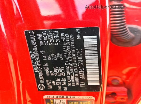 5NMJF3AE3NH009233 2022 HYUNDAI TUCSON Red Вид наклейки з VIN-кодом