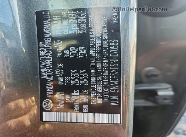 5NMJF3AE5NH070583 2022 HYUNDAI TUCSON Gray VIN կոդի պիտակի տեսք