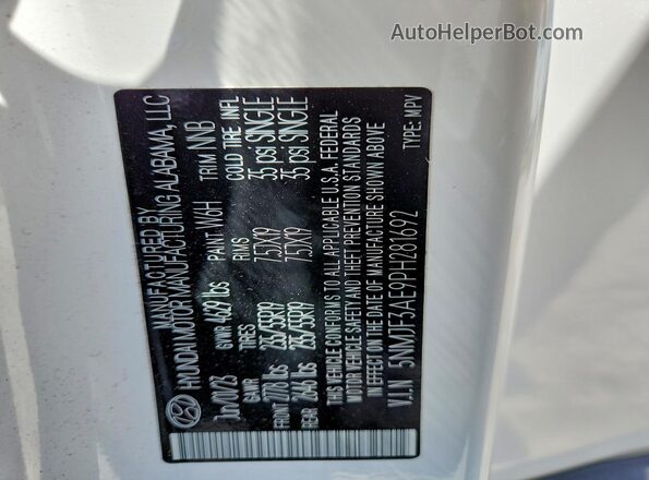 5NMJF3AE9PH281692 2023 HYUNDAI TUCSON White Вид наклейки з VIN-кодом
