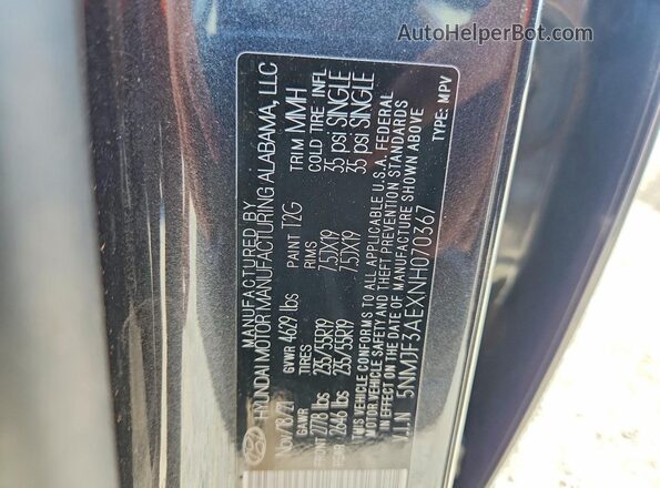 5NMJF3AEXNH070367 2022 HYUNDAI TUCSON Gray VIN կոդի պիտակի տեսք
