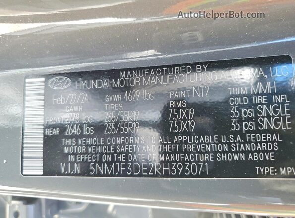 5NMJF3DE2RH393071 2024 HYUNDAI TUCSON Gray Vista de la etiqueta del VIN