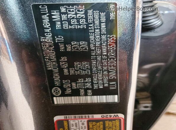 5NMJF3DEXRH357953 2024 HYUNDAI TUCSON Угольный Панорамный вид салона 360°