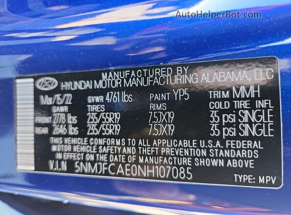 5NMJFCAE0NH107085 2022 HYUNDAI TUCSON Blue VIN sticker view