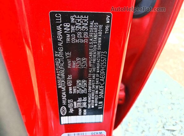 5NMJFCAE0PH255773 2023 HYUNDAI TUCSON Red Widok naklejki z numerem VIN