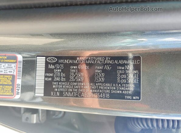 5NMJFCAE2PH254818 2023 HYUNDAI TUCSON Gray Widok naklejki z numerem VIN