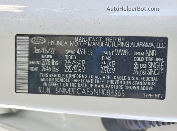 5NMJFCAE5NH083365 2022 HYUNDAI TUCSON Белый Вид наклейки с VIN-кодом